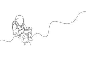 Single continuous line drawing of spaceman relaxing and eating delicious sandwich in nebula galaxy. Fantasy fiction of outer space life concept. Trendy one line draw design vector illustration graphic