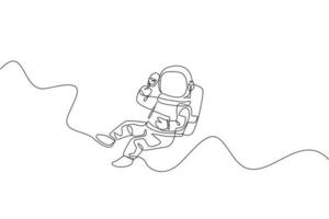 One single line drawing astronaut flying relax in cosmos galaxy while eating sweet popsicle ice cream graphic vector illustration. Fantasy outer space life concept. Modern continuous line draw design