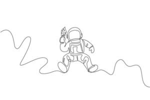 One continuous line drawing of cosmonaut flying and eating sweet cold cone milk ice cream in galactic. Fantasy outer space astronaut life concept. Dynamic single line draw design vector illustration