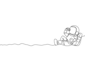 dibujo de línea continua única de astronauta sentado, relajarse en la superficie de la luna y comer una deliciosa hamburguesa de ternera. ficción de fantasía del concepto de vida del espacio exterior. Ilustración de vector de diseño de dibujo de una línea de moda