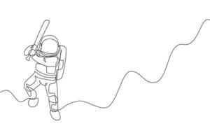 Single continuous line drawing of astronaut playing baseball on moon surface. Space astronomy galaxy sport concept. Trendy one line draw graphic design vector illustration