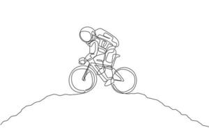 One single line drawing of spaceman astronaut practice bicycle on moon surface cosmic galaxy vector illustration. Healthy space cosmonaut lifestyle sport concept. Modern continuous line draw design