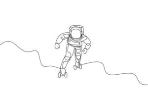 dibujo de una sola línea continua de astronauta haciendo ejercicio sobre patines en la superficie lunar, espacio profundo. concepto de deporte de galaxia de astronomía espacial. Ilustración de vector de diseño gráfico de dibujo de una línea de moda
