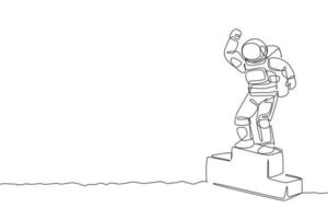 One continuous line drawing of astronaut standing on first place podium in deep space galaxy. Spaceman healthy fitness sport concept. Dynamic single line draw design vector graphic illustration