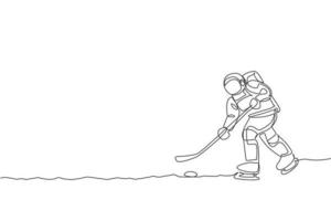 One single line drawing spaceman astronaut practicing ice hockey in cosmic galaxy vector graphic illustration. Healthy outer space cosmonaut lifestyle sport concept. Modern continuous line draw design