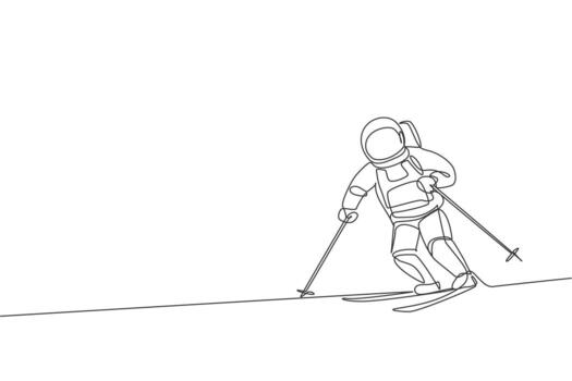 Single continuous line drawing of astronaut exercise skiing on moon surface, outer deep space. Space astronomy galaxy sport concept. Trendy one line draw graphic design vector illustration