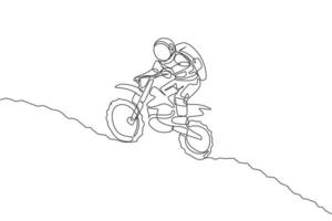 Single continuous line drawing of astronaut exercise motocross trick on moon surface. Space astronomy galaxy sport concept. Trendy one line draw design graphic vector illustration