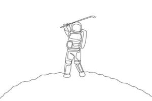 One continuous line drawing of astronaut golf training on moon surface, deep space galaxy. Spaceman healthy fitness sport concept. Dynamic single line draw design vector graphic illustration