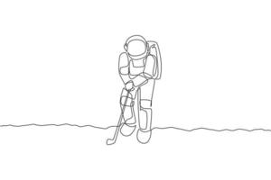 un dibujo de una sola línea del astronauta astronauta practicando golf en la superficie de la luna, ilustración de vector de galaxia cósmica. concepto de deporte de estilo de vida cosmonauta espacial saludable. diseño moderno de dibujo de línea continua