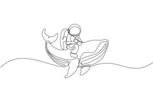 Single continuous line drawing of cosmonaut with spacesuit riding blue whale, giant mammal animal in universe. Fantasy astronaut safari journey concept. Trendy one line draw design vector illustration