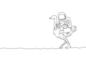 dibujo de línea continua única de cosmonauta con traje espacial montando avestruz, animal pájaro grande en la superficie de la luna. concepto de viaje de safari de astronauta de fantasía. Ilustración de vector de diseño de dibujo de una línea de moda