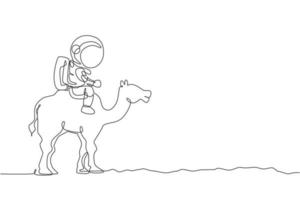 Single continuous line drawing of cosmonaut with spacesuit riding desert camel, farm animal in moon surface. Fantasy astronaut safari journey concept. Trendy one line draw design vector illustration