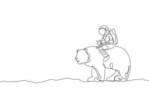 One single line drawing of astronaut riding bear, wild animal in moon surface graphic vector illustration. Cosmonaut safari journey concept. Modern continuous line draw design