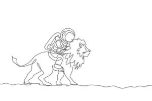 Single continuous line drawing of cosmonaut with spacesuit riding lion, wild animal in moon surface. Fantasy astronaut safari journey concept. Trendy one line draw graphic design vector illustration