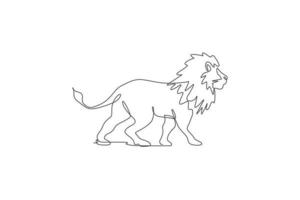 One single line drawing of wild male lion vector illustration. Protected species national park conservation. Safari zoo concept. Modern continuous line draw graphic design