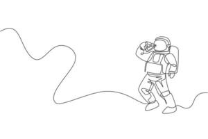 One single line drawing astronaut flying in cosmos galaxy while eating delicious spicy Italian pizza vector graphic illustration. Fantasy outer space life concept. Modern continuous line draw design
