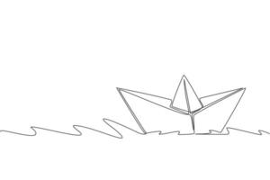 Single continuous line drawing of paper boat sailing on the water river. Origami toy concept. Trendy one line draw design graphic vector illustration