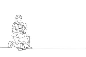 One single line drawing of young happy father hugging his lovely daughter full of warmth at school vector illustration. Parenting education concept. Modern continuous line graphic draw design