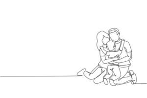 Single continuous line drawing of young happy mother and father hugging their lovely son together full of warmth. Happy family concept. Trendy one line draw graphic design vector illustration