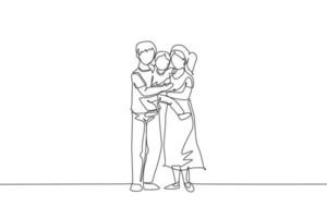 One continuous line drawing young happy mother and father carrying their son together full of warmth. Happy loving parenting family concept. Dynamic single line draw design graphic vector illustration