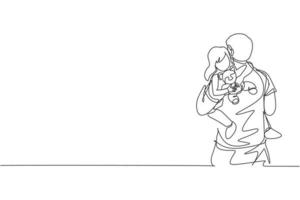 One continuous line drawing young happy father hugging his sleepy daughter while holding baby doll. Happy loving parenting family concept. Dynamic single line draw design vector graphic illustration