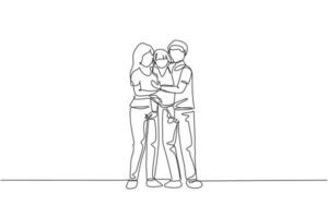 Single continuous line drawing of young happy mom and dad carrying their lovely daughter full of warmth together. Happy family concept. Trendy one line draw design vector graphic illustration