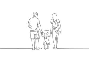 Single continuous line drawing of happy young father and mother lead their daughter walking together, holding her hands. Happy family concept. Trendy one line draw design graphic vector illustration