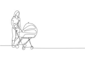 One continuous line drawing of young happy mother pushing baby trolley at outdoor park. Happy loving parenting family concept. Dynamic single line draw graphic design vector illustration