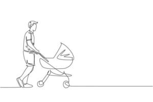 One single line drawing of young happy father pushing baby trolley at outdoor park vector graphic illustration. Parenting education concept. Modern continuous line draw design