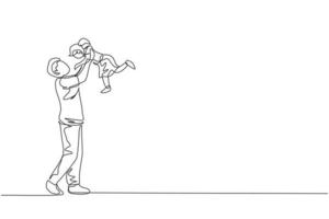 un dibujo de línea continua de un joven padre feliz levantando a su hija en el aire, la familia juega junta. concepto de familia de crianza amorosa feliz. Ilustración de vector de diseño de dibujo de línea única dinámica