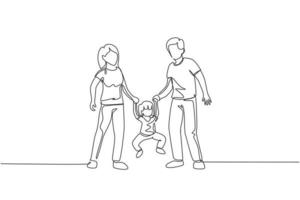 One continuous line drawing of young happy mother and father playing with their daughter, lifting and swinging at home. Family parenting concept. Dynamic single line draw design vector illustration