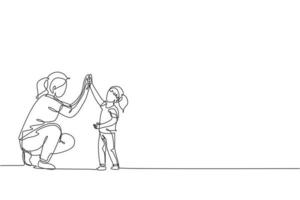 One continuous line drawing of young happy mom giving high five to daughter, celebrate her success for school achievement. Family parenting concept. Dynamic single line draw design vector illustration