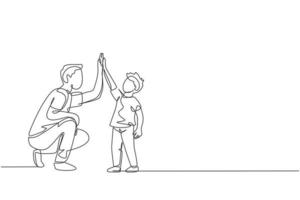 Single continuous line drawing of young dad giving high five gesture to son for success school achievement, parenthood time. Family parenting concept. Trendy one line draw design vector illustration