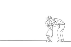One continuous line drawing of young happy dad hugging his daughter full of warmth before go to school in the morning. Family parenting concept. Dynamic single line draw design vector illustration