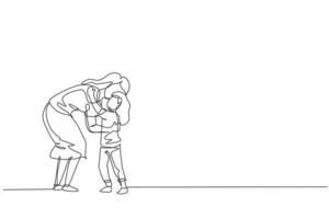dibujo de una sola línea de una madre joven abrazando a su hija llena de calidez antes de ir a la escuela, ilustración vectorial de crianza. familia feliz jugando juntos concepto. diseño moderno de dibujo de línea continua vector