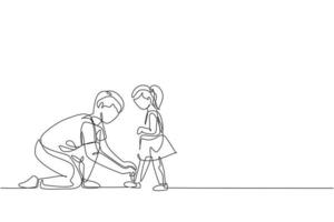 un dibujo de una sola línea de papá joven atando los cordones de los zapatos de su hija antes de ir a la escuela, ilustración vectorial de crianza. familia feliz jugando juntos concepto. diseño gráfico de dibujo de línea continua moderna vector