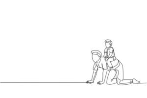 One single line drawing of little boy playing with his dad, siting and riding on father's back, parenting vector illustration. Happy family playing together concept. Modern continuous line draw design