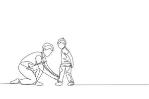 One single line drawing young father tying his son shoelaces before go to school, parenting time vector illustration. Happy family playing together concept. Modern continuous line graphic draw design