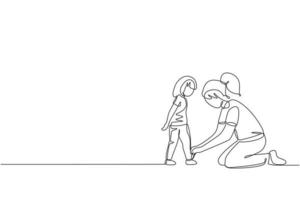 Single continuous line drawing of young mother tying her daughter shoelaces at home before go to school, parenthood. Family parenting concept. Trendy one line draw design vector graphic illustration