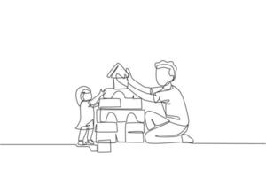 One continuous line drawing of young happy father playing build a brick house with lovely daughter at home. Family parenting concept. Dynamic single line draw design graphic vector illustration