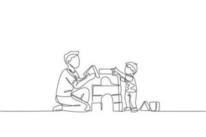 One continuous line drawing of young happy dad playing with son building house from foam puzzle block toy at home. Family time parenting concept. Dynamic single line draw design vector illustration