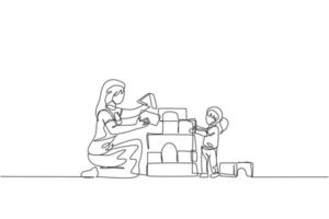 Single continuous line drawing of young mother playing with daughter building house from foam puzzle blocks toy at home, parenthood. Family parenting concept. One line draw design vector illustration