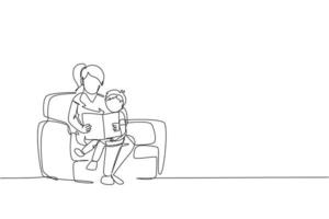 One single line drawing young happy mother and her son siting on sofa reading a story book together vector graphic illustration. Family parenting education concept. Modern continuous line draw design