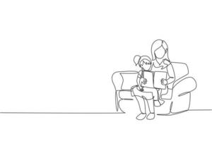 Single continuous line drawing young mother siting on sofa hugging her daughter and reading a storybook at home. Happy family parenting concept. Trendy one line draw design graphic vector illustration