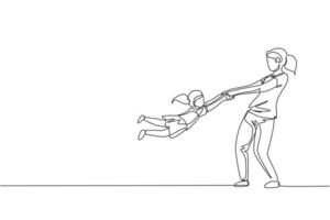 One single line drawing of young happy mom raising and turning her daughter around up in the air at home vector graphic illustration. Family parenthood concept. Modern continuous line draw design