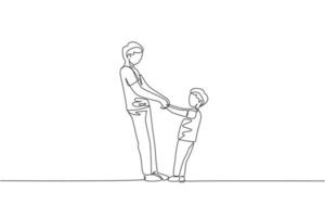 One continuous line drawing of young father and his son holding hands and dancing together at home, family life. Happy parenting concept. Dynamic single line draw design vector illustration graphic