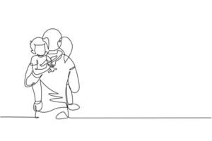 One continuous line drawing of young mother hugging her sleepy son while holding airplane toy at home, family life. Happy parenting concept. Dynamic single line draw design vector graphic illustration