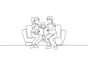 Single continuous line drawing of young mother and father siting on sofa reading a storybook to their daughter at home. Happy family parenting concept. Trendy one line draw design vector illustration