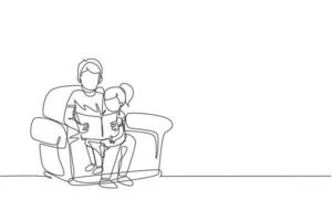 One continuous line drawing young dad siting on sofa and reading a storybook to his daughter at home, family life. Happy parenting concept. Dynamic single line draw design vector graphic illustration