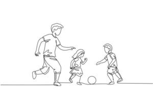 un solo dibujo de línea del joven padre corre y juega al fútbol con su hijo e hija en la ilustración de vector de parque público. concepto de crianza de los hijos de familia feliz. diseño moderno de dibujo de línea continua